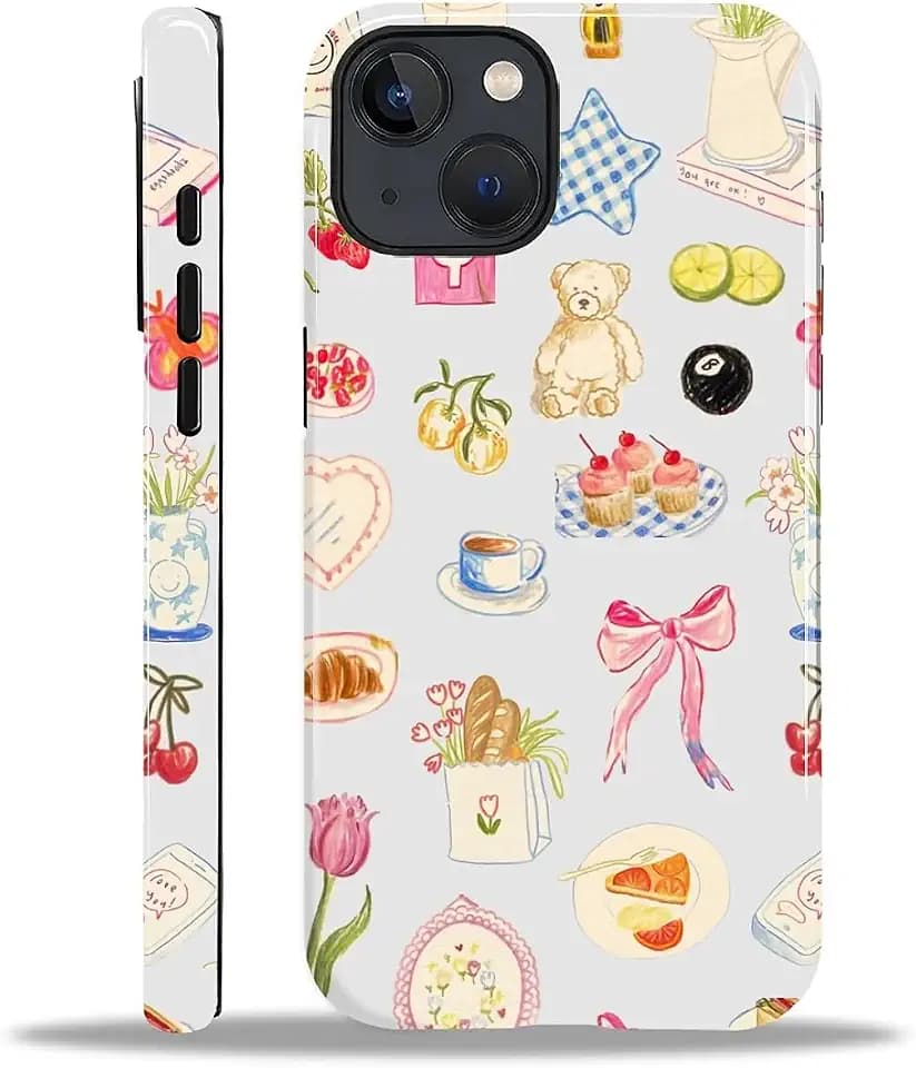 Compatible with iPhone 14 13 Case - Hybrid Heavy Duty 2 in 1 Full Body Rugged Shockproof Protection Glossy Case for iPhone 14 13 - Retro Patchwork Flower Bow