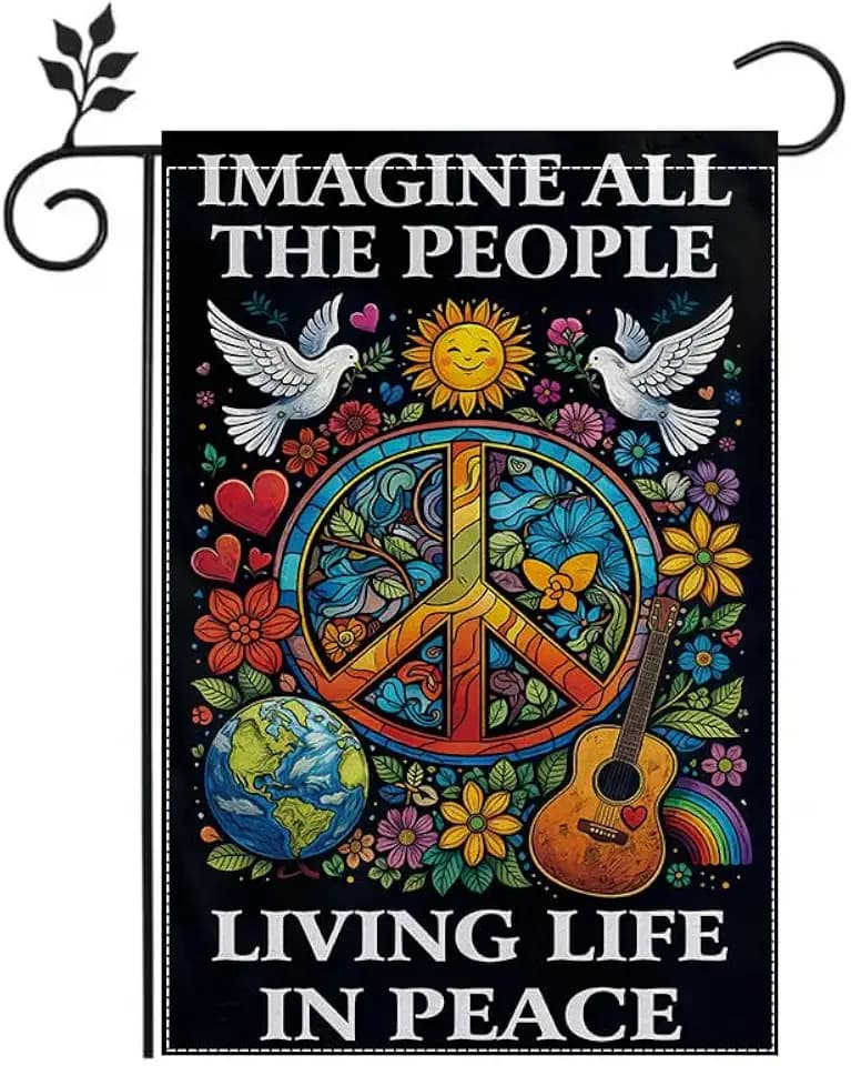 Peace Garden Flag 12x18 Inch, Inspirational Hippie Garden Flag “Imagine All the People Living Life in Peace”, Colorful Boho Outdoor Yard Lawn Decor
