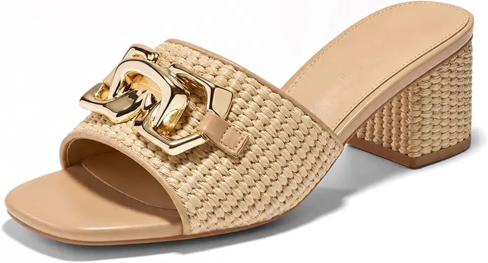 Women's Raffia Slide Sandals Square Toe Heeled Metal Chain Shoes