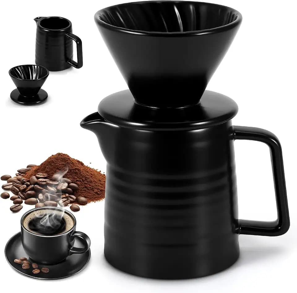 ZONJIE Pour Over Kaffeebereiter - 500ml Kaffeefilter Porzellan Mit Tasse, kaffeekanne mit filter, Pour Over Kaffee-Tropfer, Wiederverwendbar kaffee filter, Tropfkaffeemaschine, 1-3 Tassen (Schwarz)