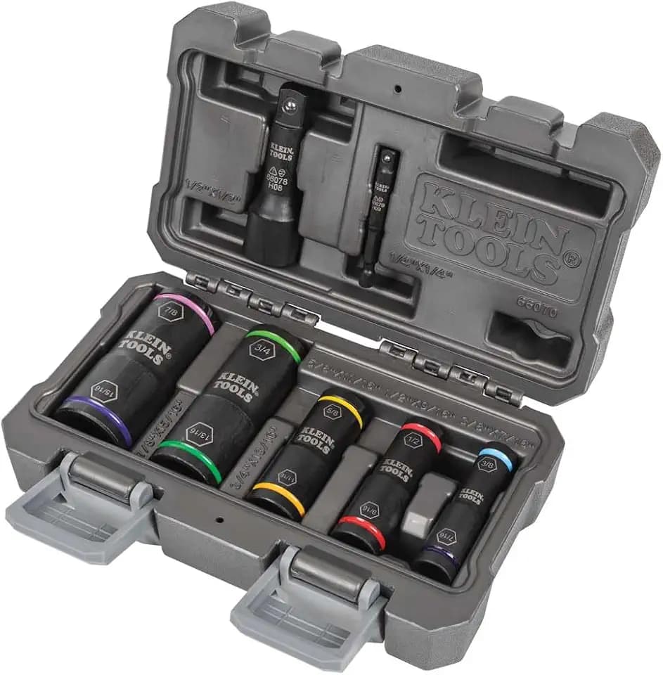 Klein Tools 66070 Impact Socket Set, Five Impact Driver Flip Sockets with 1/4-Inch Hex and 1/2-Inch Square Adapters, 7-Piece