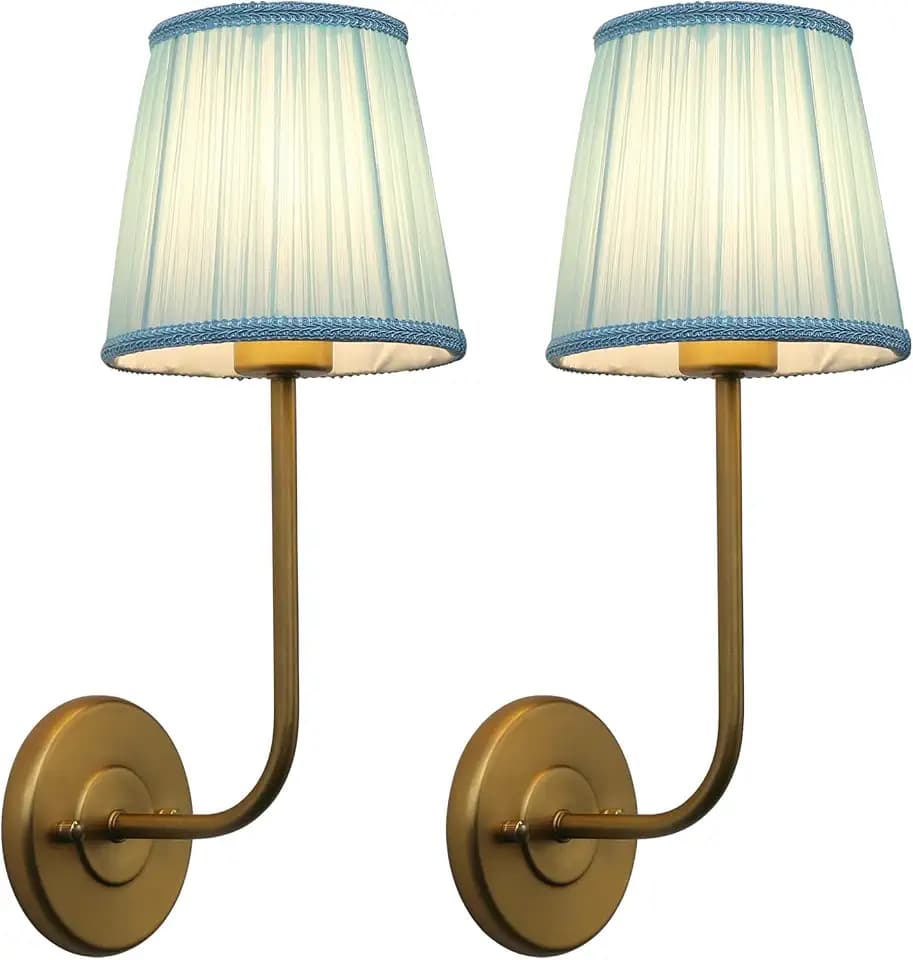 Yosoan Brass Gold Pale Blue Lace Fabric Shade Wall Sconce Set of 2, Vintage Beige Boho Antique Retro Indoor Vanity Vintage Wall Sconce Hardwired Flared Fabric Shade for Bedroom Hallway Living Room