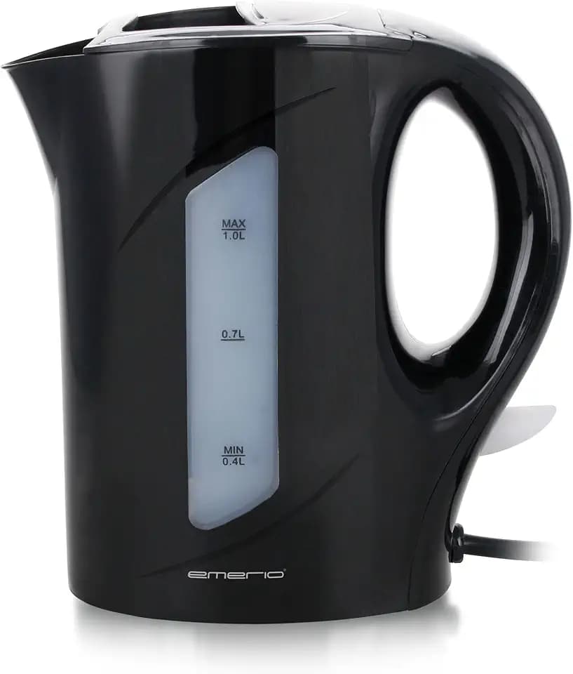 EMERIO Wasserkocher, 1.0 Liter, 900 Watt, Wasserstandsanzeige, Trockengehsschutz, beleuchteter Ein-/Aus-Schalter, ideal für Zuhause, Camping oder Büro, WK-121616.1, Schwarz