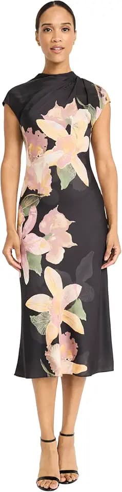 Maggy London Women's Women's Mock Neck Midi Length A-line - Cap Sleeve Formal - Special Occasion Dress