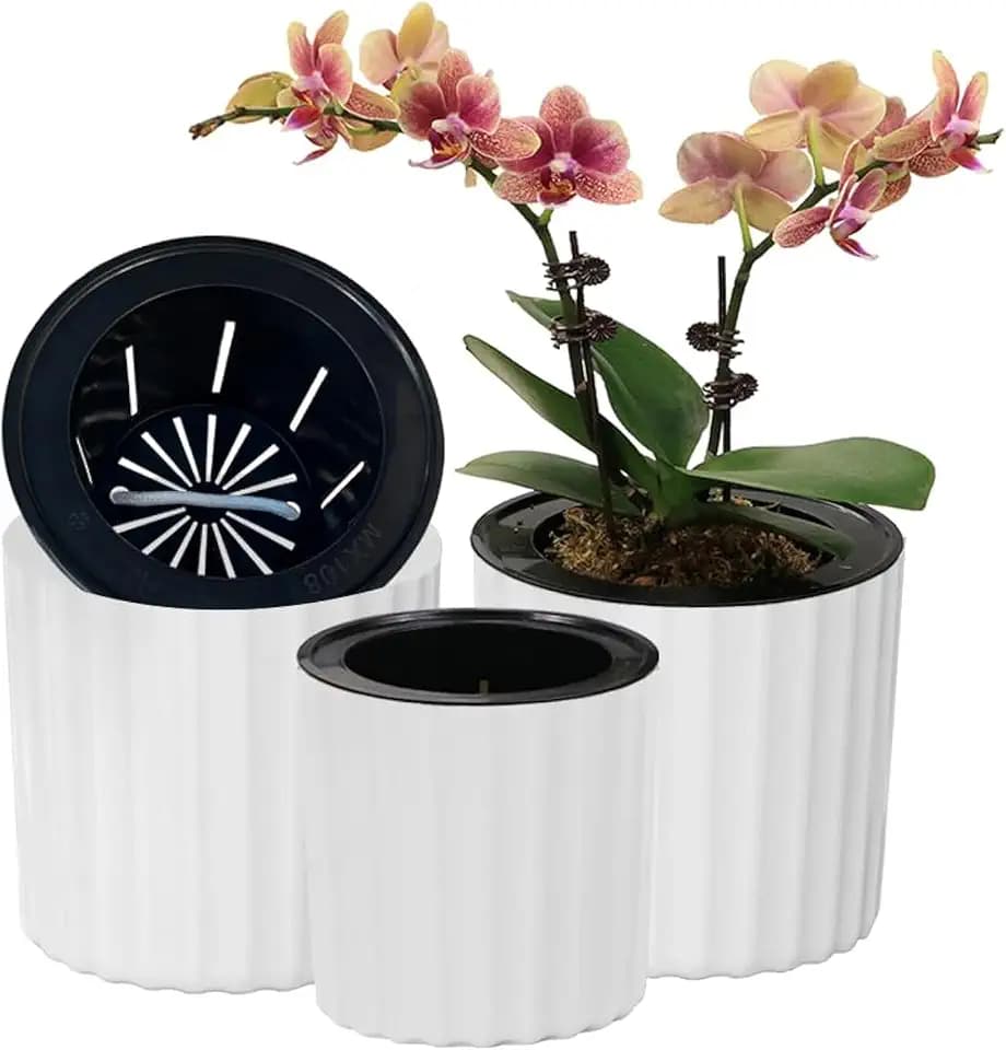 MUZHI Orchid Pot with Net and Holes, Round Self Watering Planter Pot for Indoor Plants and Flowers 3 Sets White