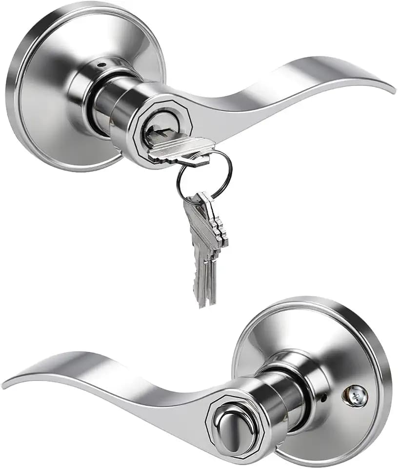 KNOBWELL 1 Pack Keyed Entry Door Handle with Lock and Key, Polished Chrome Door Knob for Front Entrance/Bedroom, Reversible for Left and Right