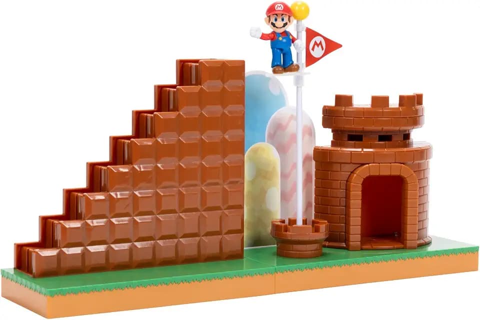 Super Mario Nintendo 6cm Level End Spielset von JAKKS Pazifik mit Mini Mario-Figur, interaktiver Treppe, Schloss, Fahnenmast und Basisplattform, ab 3 Jahren