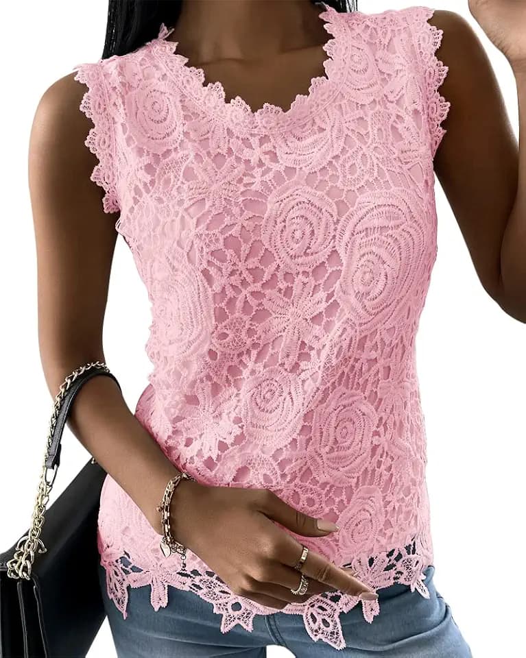 Womens Lace Tank Top Blouse Sleeveless Summer Casual Crew Neck Slim Fit Hollow Out Shirt