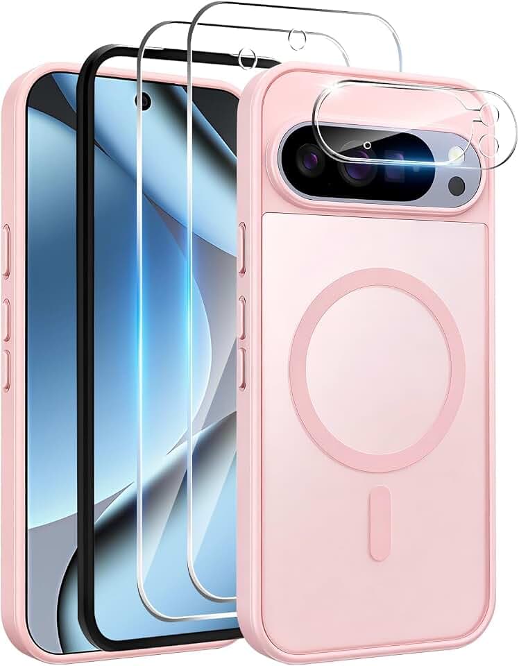 für Google Pixel 10 Pro Hülle, Kompatibel mit MagSafe, 1 Handyhülle mit 2 Stück Panzer Schutz Glas, Rahmen-Installationshilfe, Transluzente Matt Rückseite Stoßfeste Handyhülle-Rosa