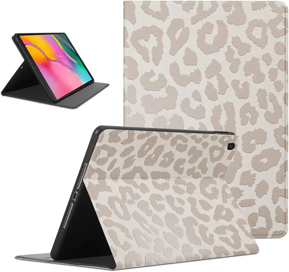 Coalbooliy Hülle für Samsung Galaxy Tab A 10.1 2019, Aesthetic Leo Leopard Motiv Design Ultra Dünn Leicht SchutzHülle Cover mit Standfunktion TPU Rücken Slim PU Leder Smart Folio Tablet Case, Weiß