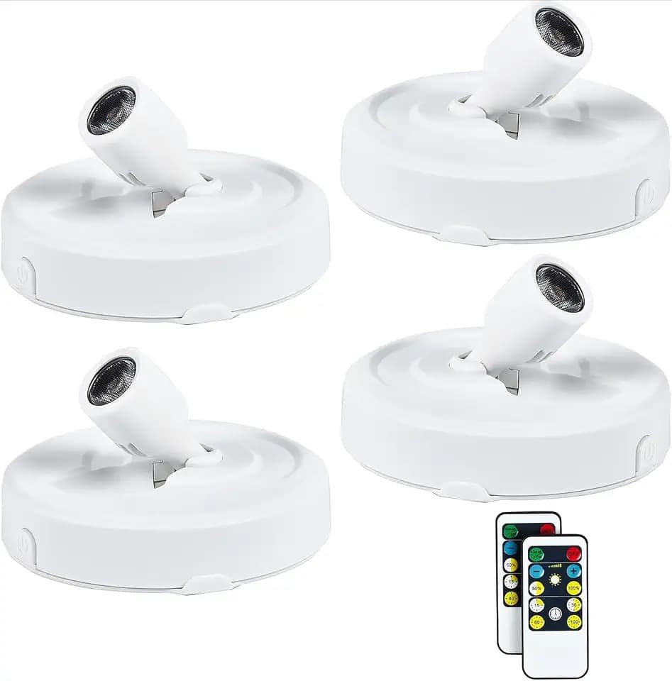 4 Pack Wireless LED Spotlight Battery Operated Picture Puck Lights with 2 Remote, Dimmable Stick Spot Lights with Timmer for Wall Display Painting Dartboard Artwork Accent Closet