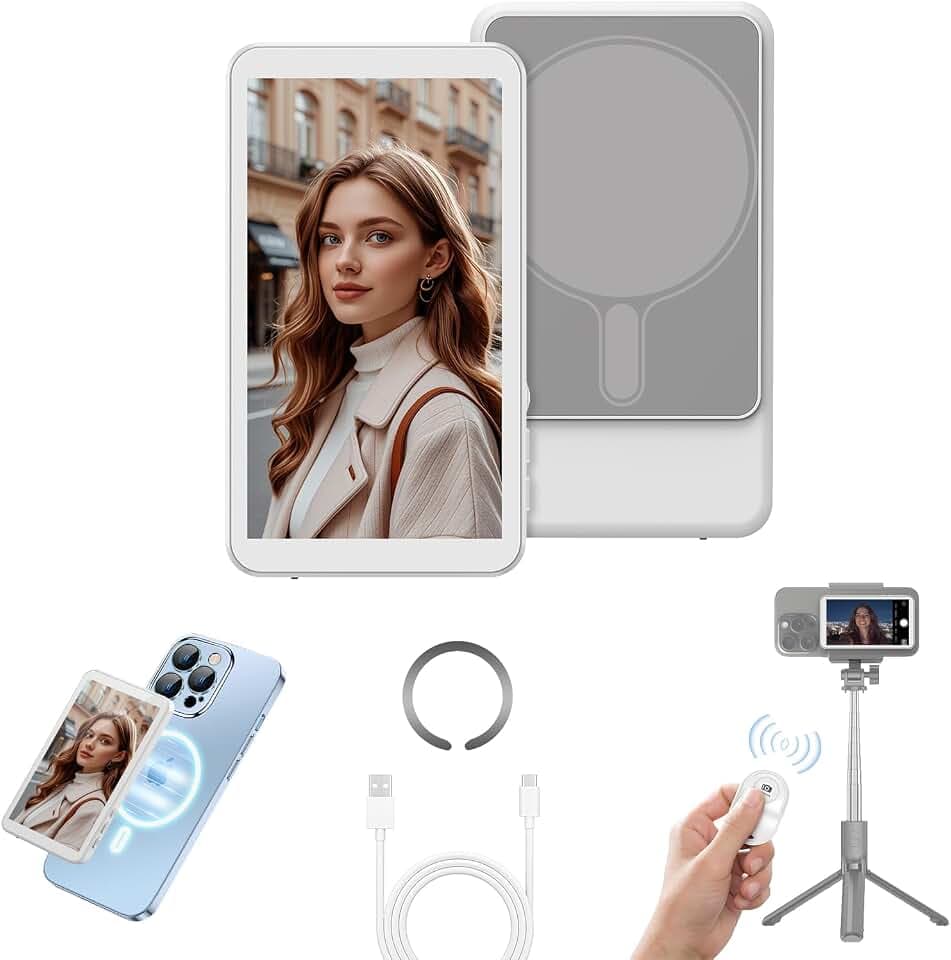 handlicher Selfie-Monitor-Bildschirm für iPhone & Android - Magnetischer Vlog-Selfie-Spiegel für Telefonkamera Kamera - Fernbedienung & 1800mAh Smallrig Screen Mirroring Rückfahrkamera