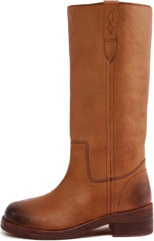 KISSASA Knee High Boots Women Roud Toe Low Heel Moto Boots Vintage Pull On Tall Long Boots Retro Campus Shoes