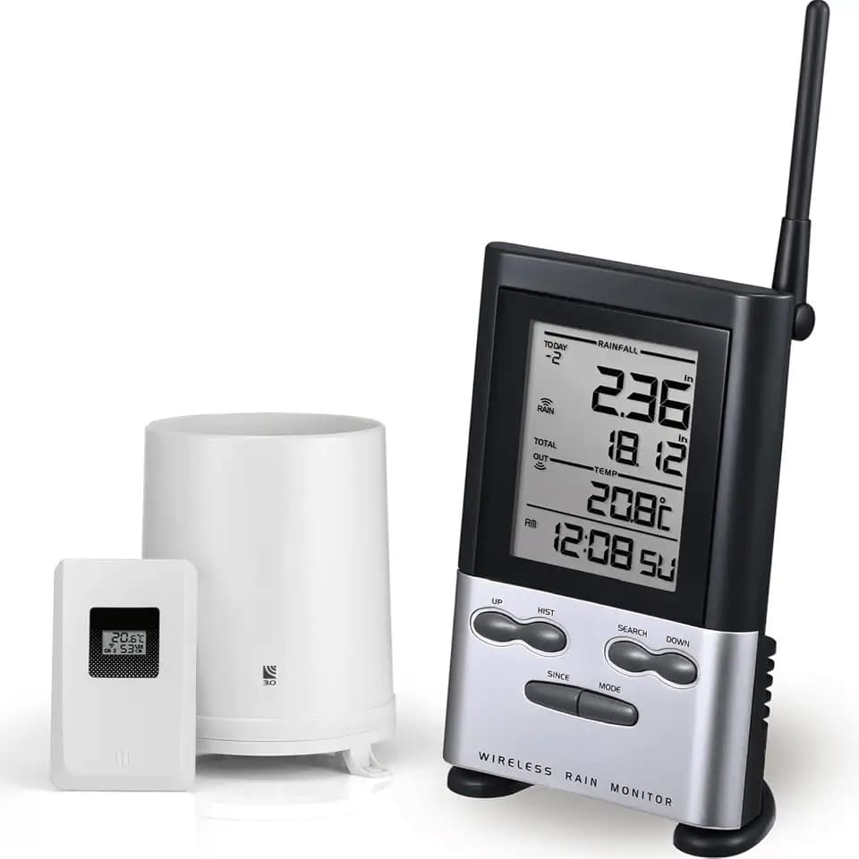 Wireless Rain Gauge Outdoor with Thermometer, Digital Rain Gauges Outdoors Best Rated with Self-Emptying & Freeze Proof, Accurate Remote Rain Measure Gauge, Automatic Outside Rain Gauge for Yard
