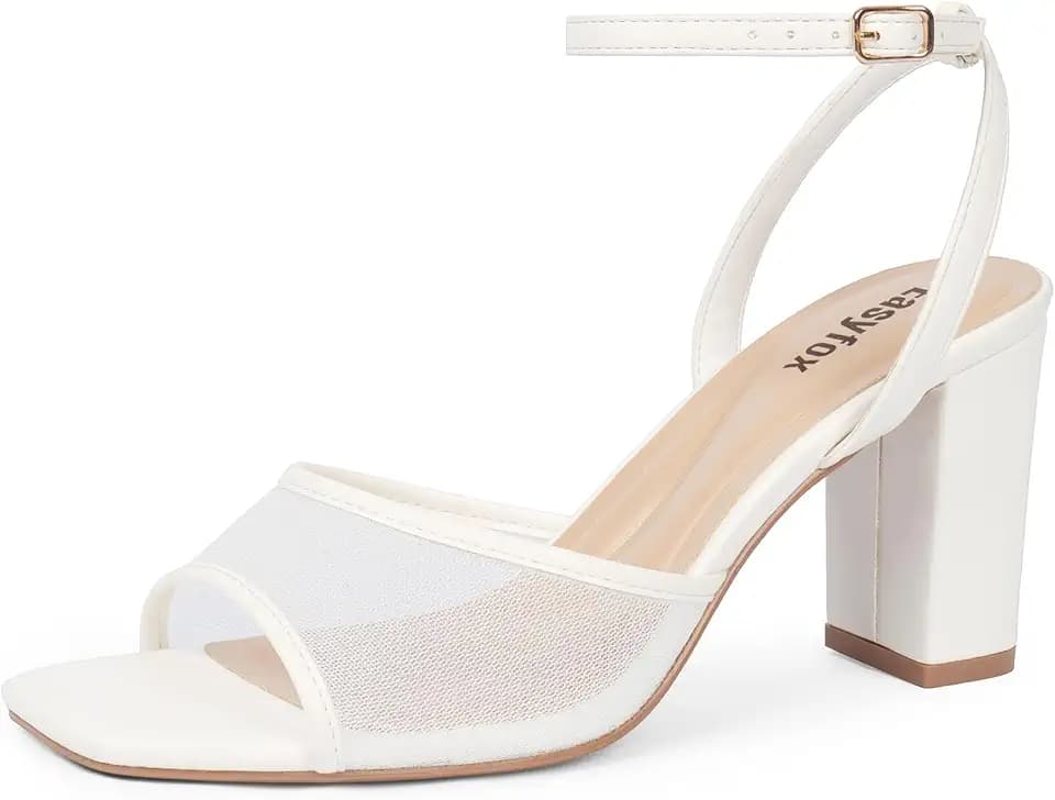 Easyfox Open Toe Mesh White Heels for Women Chunky High Heel Sandals, 9.5