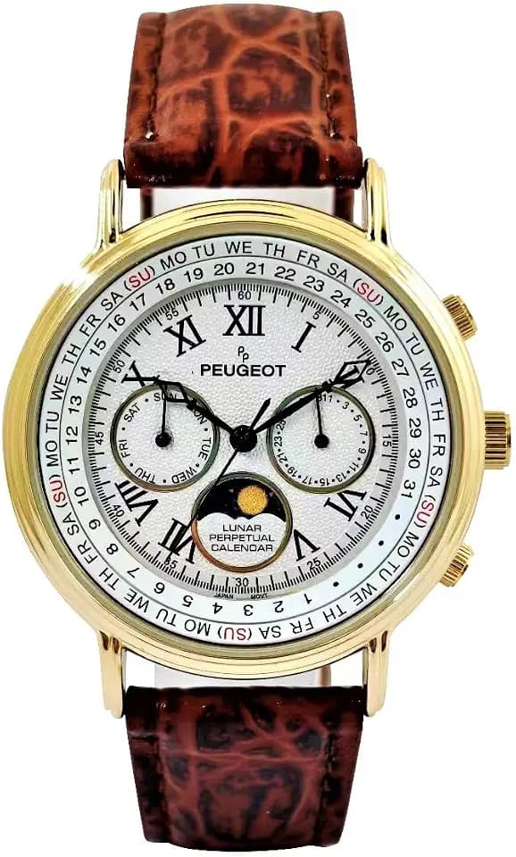 Peugeot Men's Vintage Moon Phase Perpetual Calendar Gold Tone Leather Watch