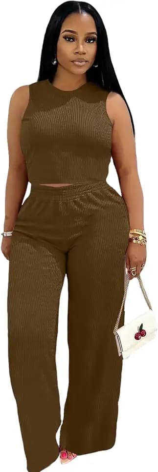 Women's 2 Piece Pants Set Sleeveless Ribbed Crop Tank Top High Waist Wide Leg Pants Casual Summer Outfit