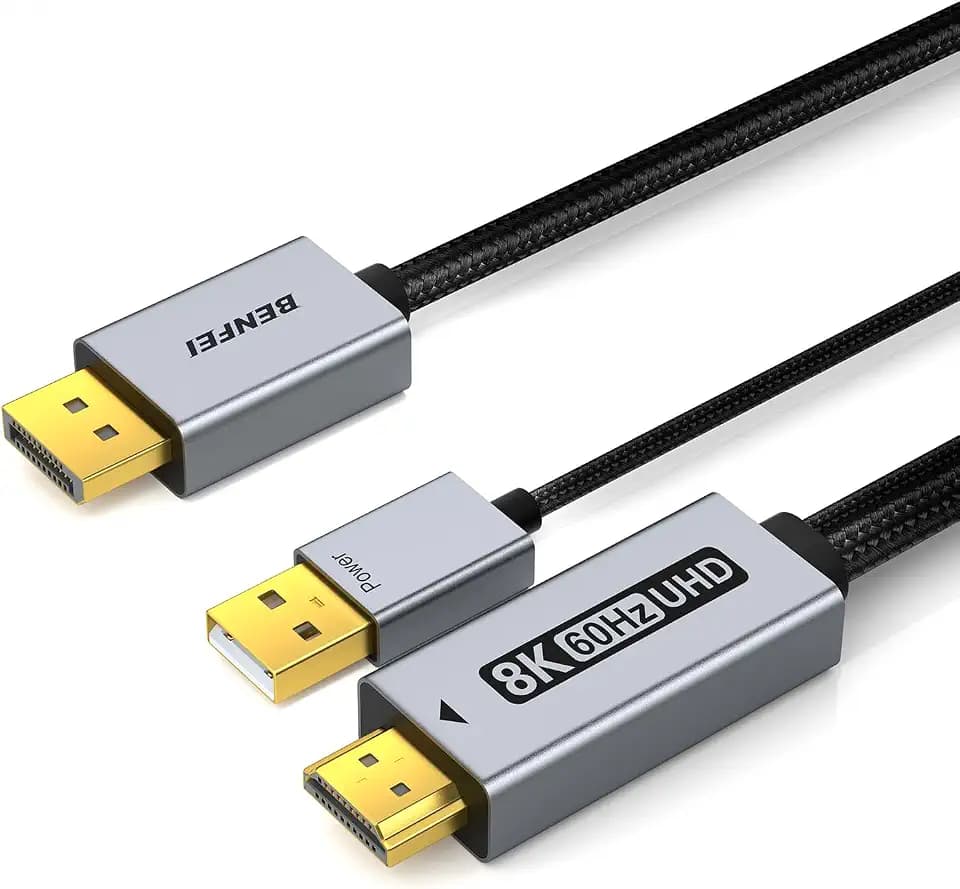 BENFEI DisplayPort 1.4 to HDMI 2.1 6 feet Cable 8K@60Hz 4K@240Hz/165Hz/144Hz/120Hz, Unidirectional DP (Source) to HDMI (Display) with USB 5V/1A Power Supply Support HDR/DSC/HDCP 2.3 for AMD NVIDIA PC