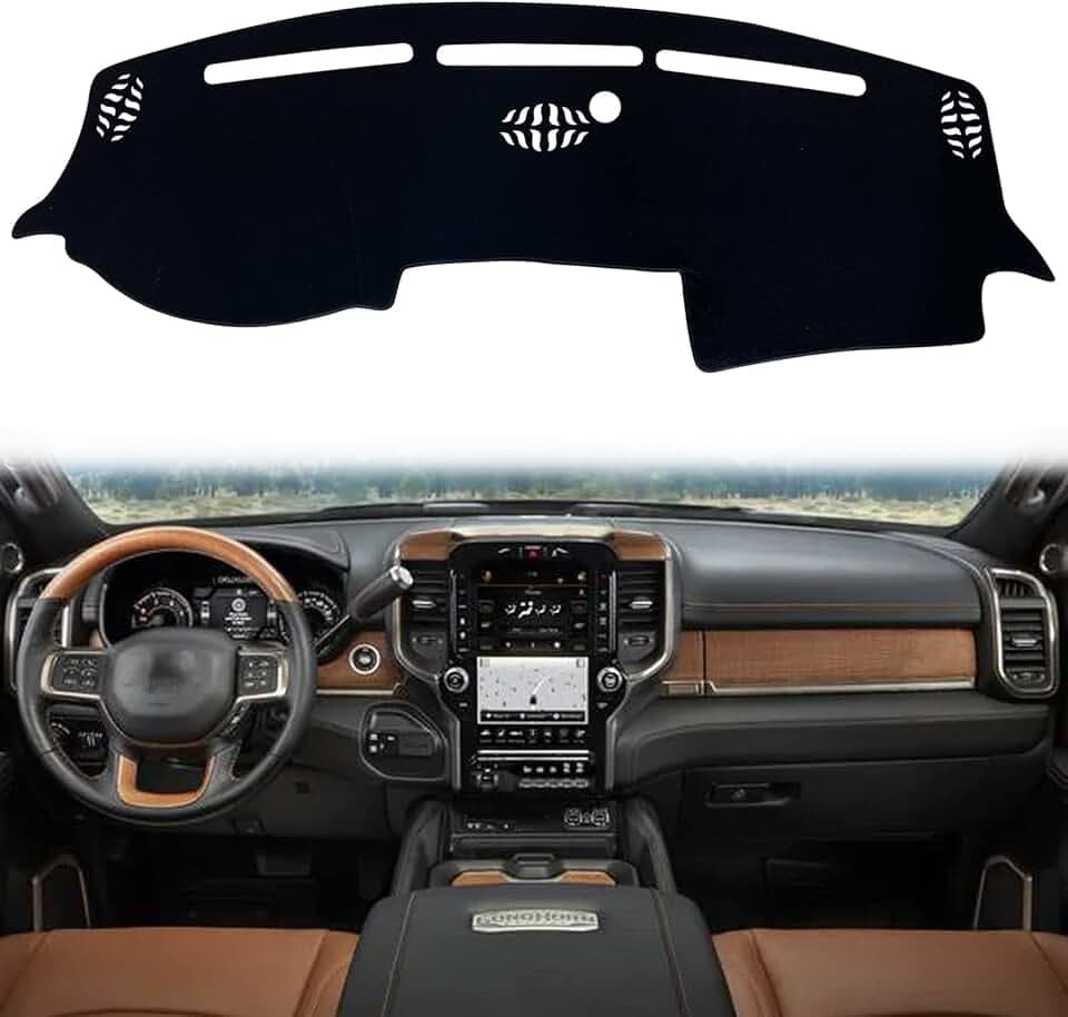 Dash Mat Cover Custom Interior Center Console Compatible with Dodge Ram 1500 2500 3500 Truck 2019 2020 2021 2022 2023 Dashboard mat Covers Accessories (Black Trim)