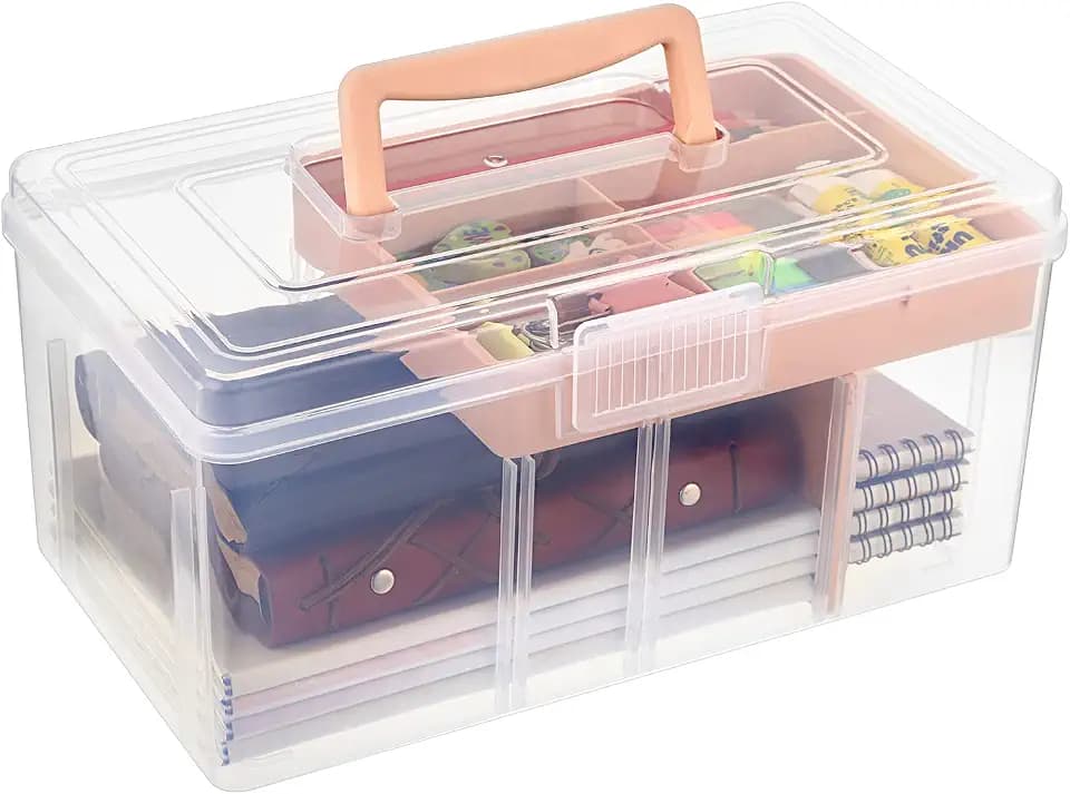 BTSKY 2 Layer Clear Plastic Dividing Storage Box with Removable Tray Multipurpose Stationery Storage Box with Handle Portable Sewing Boxes Art Craft Supply Organizer Home Utility Box(Big Pink)