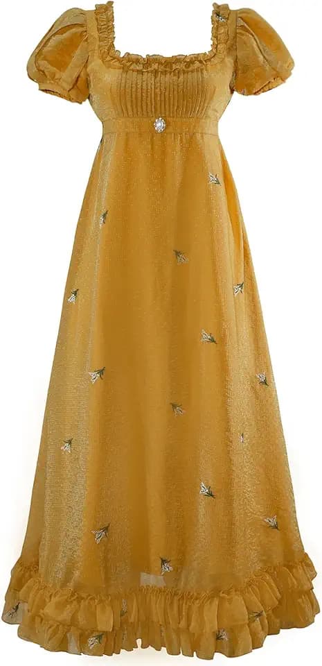 Regency Dresses for Women Elegant Ruffle Neck Puff Sleeve Empire Waist Dress