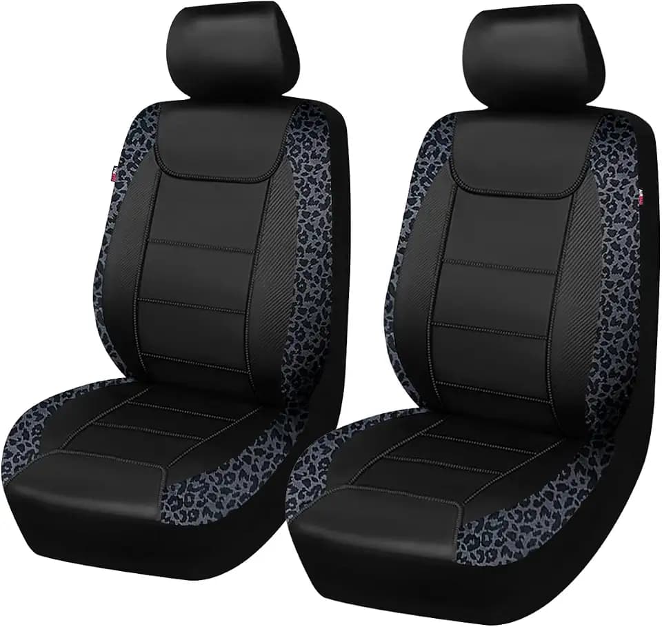Flying Banner car seat Covers Faux Leather Waterproof Easy Clean Easy Installation (Leopard Gray Velvet Black, 2 Fronts)