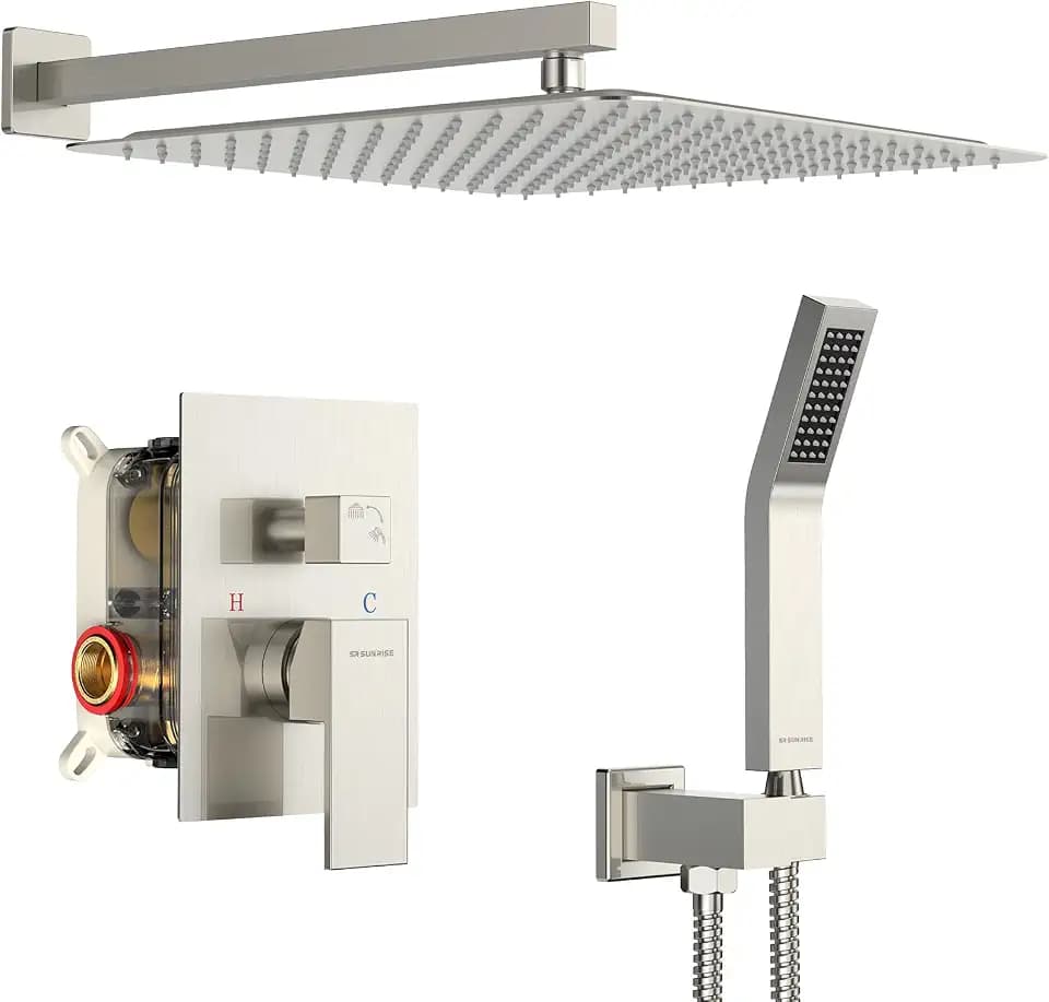 SR SUN RISE Shower Faucet Set 16-Inch Rainfall Shower Head Brushed Nickel