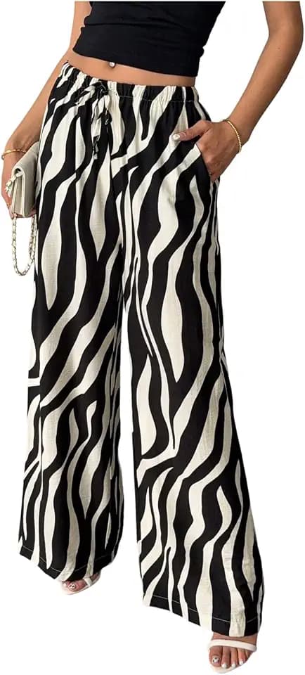 GORGLITTER Women's Zebra Print Wide Leg Linen Pants Boho Low Rise Trousers