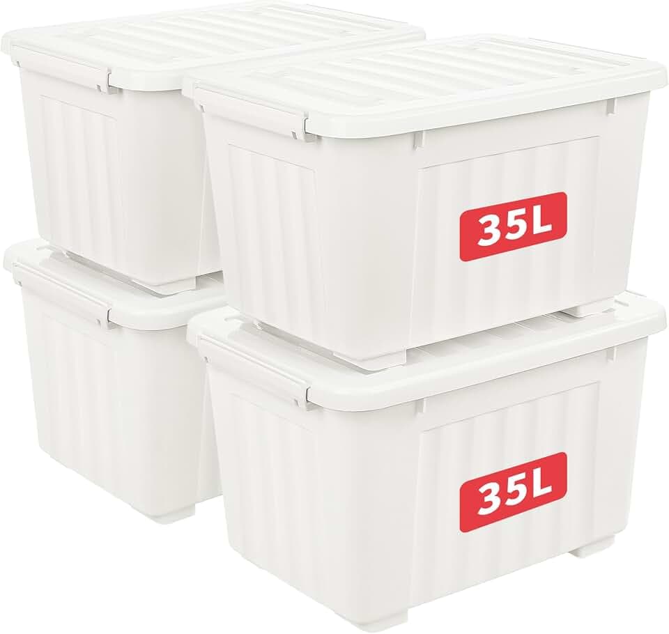 Cetomo 35L*4 Aufbewahrungsboxen, Rillen-verstärkte Kunststoffboxen mit Rollen & Deckeln, Stapelbare Aufbewahrungskiste, Ordnungsboxen für Zuhause und Büro, PP, Weiß, 35L (4er Pack)