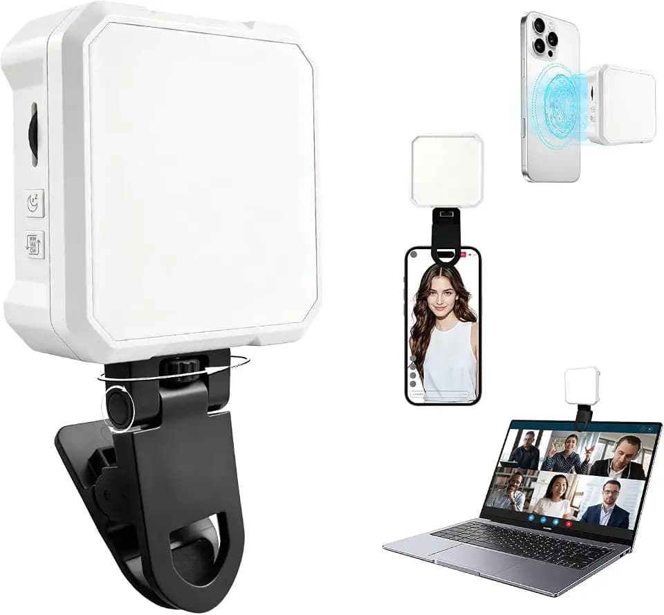 Ailight Magnetic Selfie Light for Phone, 2000mAh Portable Video Conference Lighting with Clip, CRI 98+ 2500K-9000K Rechargeable LED Video Light with Flip-Up Gimbal for Makeup, Photography - White