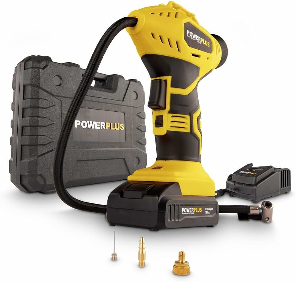 Powerplus POWX1700 Akku Kompressor - Druckluft Kompressor mit 18V und 8 bar Leistung - Inkl. 1 x 1,5 Ah Akku, Ladegerät mit Schnellladefunktion und weiteres Zubehör im Werkzeugkoffer