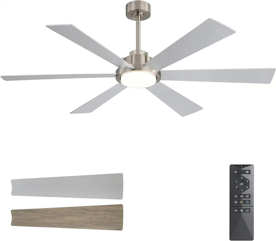 WINGBO 60 Inch Ceiling Fan with Light - 6 Plywood Blades, 6-Speed Reversible DC Motor, Noiseless Remote Control Ceiling Fans with Lights for Bedroom Living Room Kitchen, Nickel and Silver/Gray