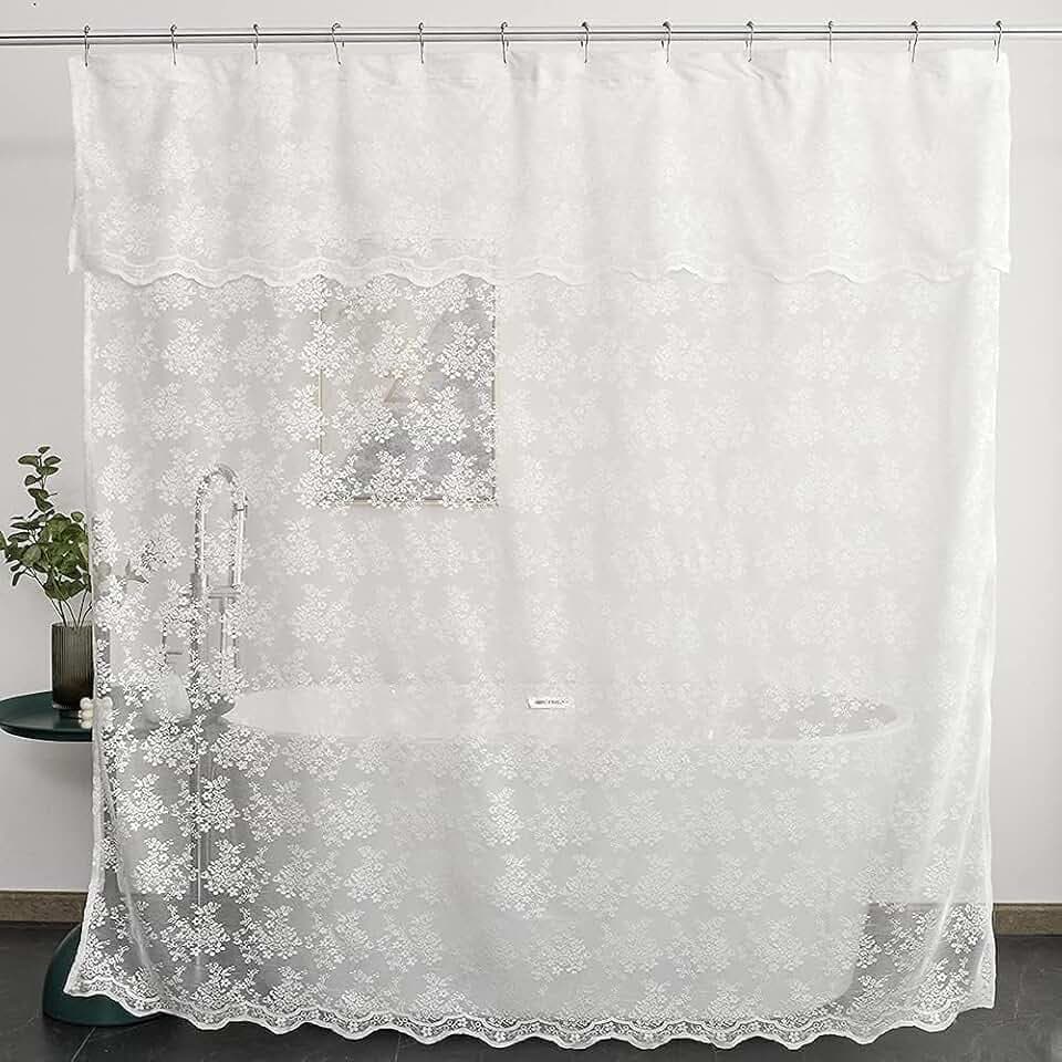 White Lace Shower Curtain 84 Inches Long with Attached Valance, 72x84