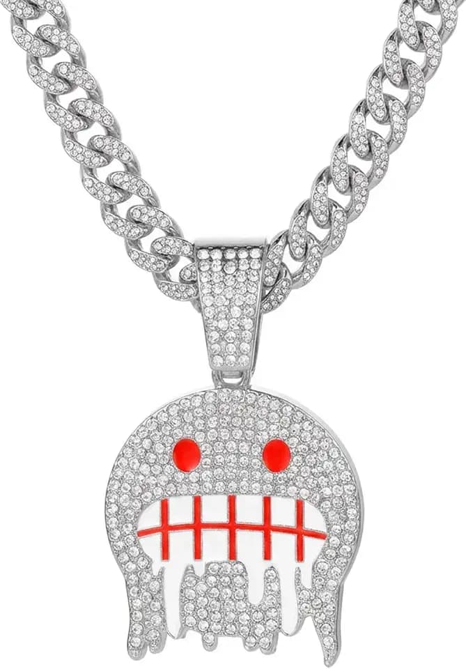 Iced Out Miami Cuban Link Chain with Emoji Pendant | Hip Hop Bling Necklace for Men & Women | Gold/Silver Plated with Full Rhinestones | Rapper Style Jewelry for Party