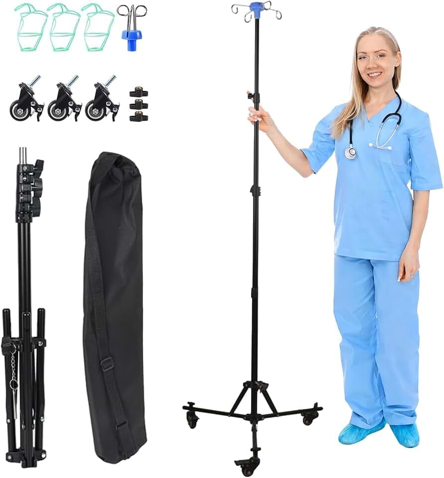 Infusionsständer mit Rädern, Zusammenklappbarer IV-Stange mit 4 Haken 3 Netztaschen und 1 Aufbewahrungstasche, tragbarer IV-Ständer, geeignet für Krankenhäuser und die häusliche Pflege