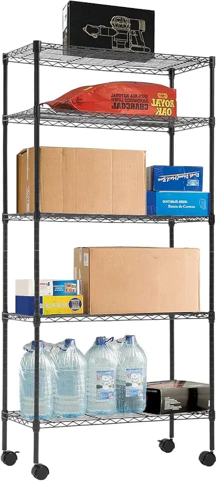 BestOffice | 5-Tier Wire Shelf with Wheels | 14" x 30" x 60" | Black