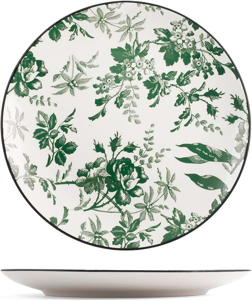 H&H Set mit 6 Margaret-Speisetellern aus Porzellan, 27 cm, grüne Dekoration, elegant und funktional, spülmaschinen- und mikrowellengeeignet