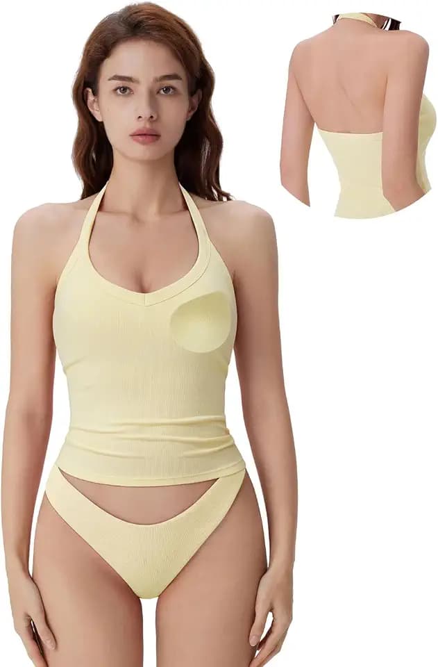 SUUKSESS Women Halter Top with Built in Bra Padded Ribbed V Neck Tank Tops