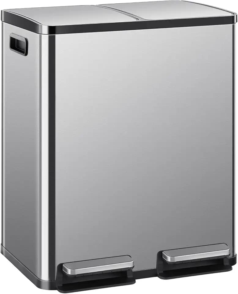 DUMOS Kitchen Trash Can, 2x8-Gallon Dual Trash Can with Lid, Stainless Steel Garbage Bin with 2 Removable Inner Buckets, Soft-Close Foot Pedal, Fingerprint-Resistant for Kitchen, Home, Office