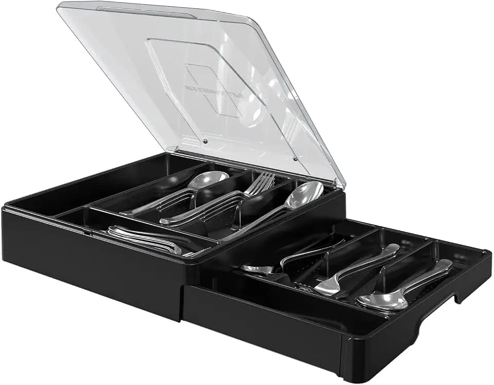Doppelschichtiger Besteck-Organizer mit Deckel, Besteckkasten für Arbeitsplatte, Besteckablage für Küchenschubladen, mit 2 Ebenen, Utensilienhalter und 9 Fächern, Besteck-Aufbewahrungsbehälter