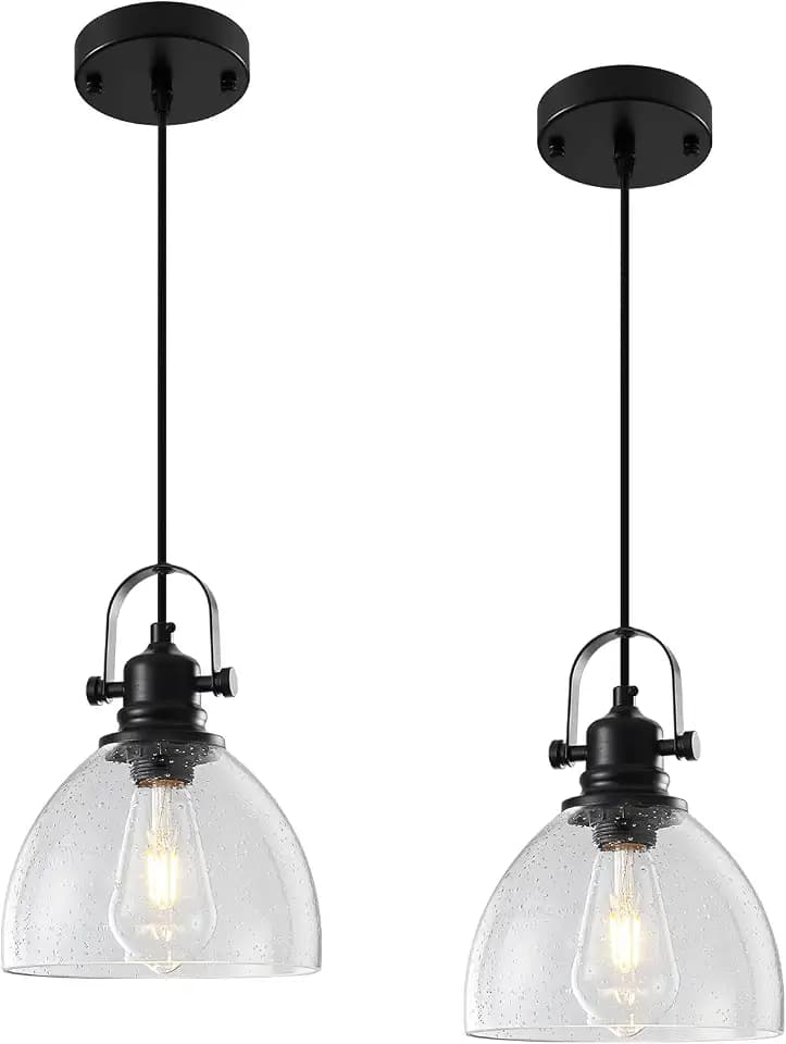 Black Pendant Lights Kitchen Island 2 Pack, 7.5" Seeded Glass Pendant Lights, Vintage Industrial Pendant Light Kitchen Island, Farmhouse Pendant Lighting for Kitchen, Dining Room, Bar, Cafe