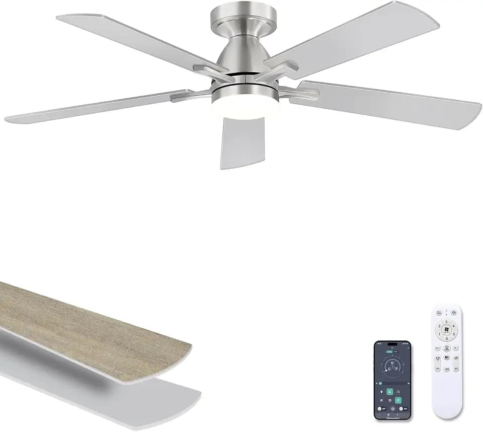 52 Inch Ceiling Fan with Dimmable Light, Flush Mount Low Profile, Brushed Nickel, Reversible Light Brown Wood-Tone Blades, 3CCT, 6 Speeds Remote & App, Living Room，UL Listed