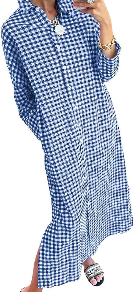 chouyatou Women's Casual Loose Button Down Plaid Shirt Dress Long Sleeve Side Slit Cotton Gingham Maxi Dress