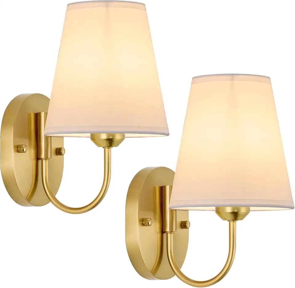 Hardwired Wall Sconces Set of 2 Gold Metal Wall Sconces with White Fabric Shades – Small Modern Wall Lights for Bedroom, Hallway, Bathroom,Staircase