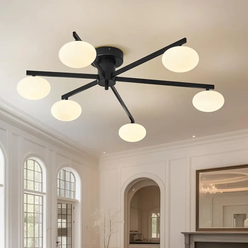 mid Century Ceiling Light,Globe Semi Flush Mount Ceiling Light Black Sputnik 6-Lights Ceiling Lighting Modern Close to Ceiling Light for Bedroom Kitchen Dining Room