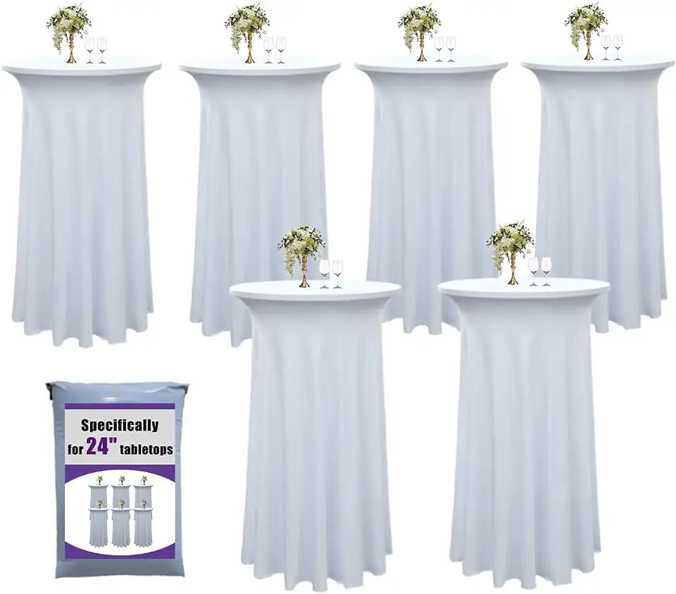 6 Pack 24"x43" White Spandex Cocktail Table Skirt, Fits 24" Round Tables
