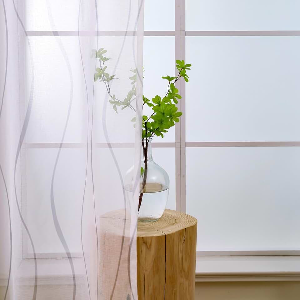 L.Z.E Vorhang Weiss Grau für Wohnzimmer Fenster, Gardine Weiß Hellgrau mit Ösen Kurz, Transparent Gardinen Vorhänge für Schlafzimmer Küche, 2er Set Leinenoptik Schals Modern 145 cm
