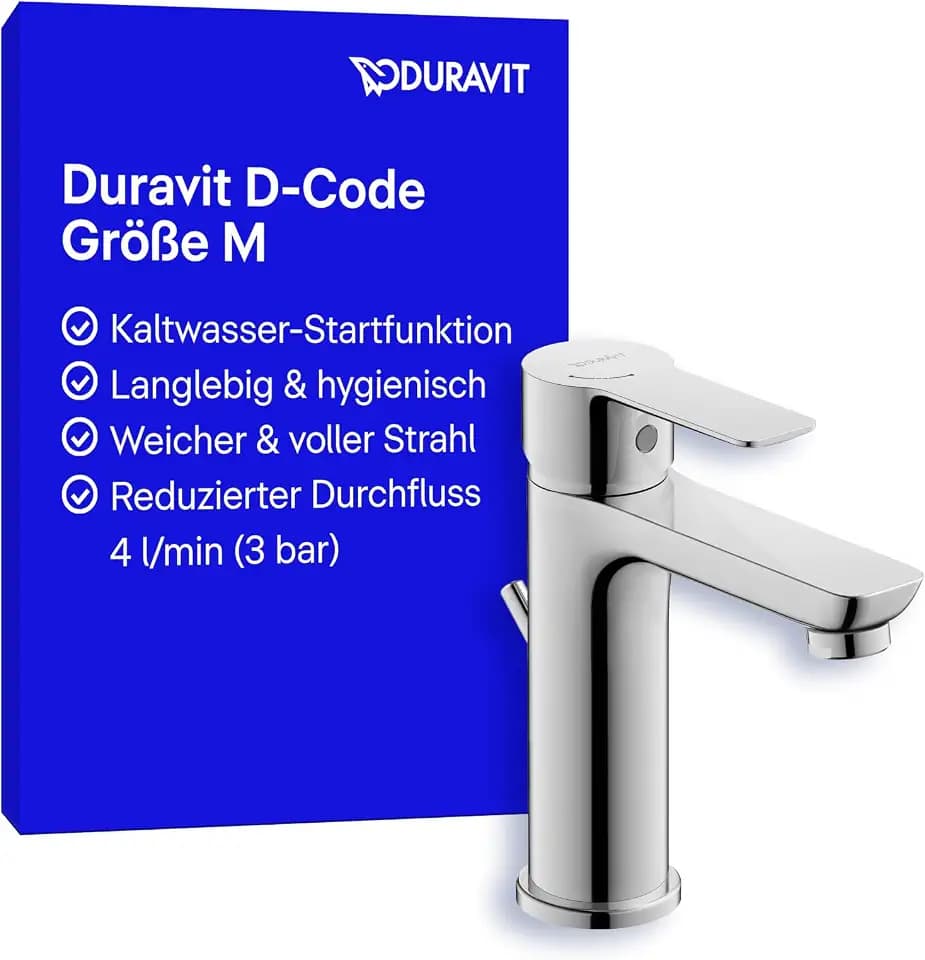 Duravit D-Code Waschtischarmatur, Größe M (Auslauf Höhe 167 mm), energiesparende Waschbecken Armatur (FreshStart), wassersparender Wasserhahn Bad (MinusFlow), mit Zugstangen-Ablaufgarnitur, Chrom