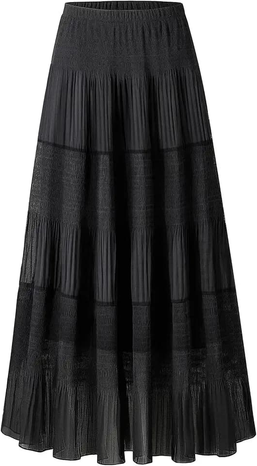 comefohome Maxirock für Damen, plissiert, lang, fließend, Chiffon, elastische Taille, gestuft, A-Linie, Sommerrock für Damen
