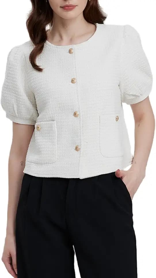Women's Tweed Blazers Jackets Cropped Puff Short Sleeve Collarless Work Suits Coat with Pockets